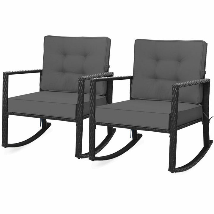 2PCS Outdoor Wicker Rocking Chair Patio Rattan Single Chair Glider w/ Grey Cushion Image 1