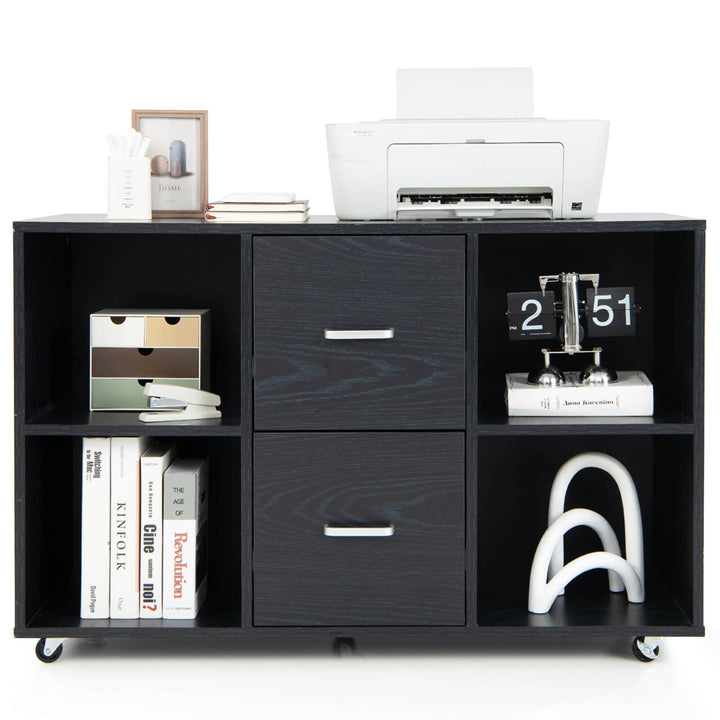 Rolling Wood File Cabinet w/ 2 Large Drawers and 4 Open Compartments Office Black Image 1