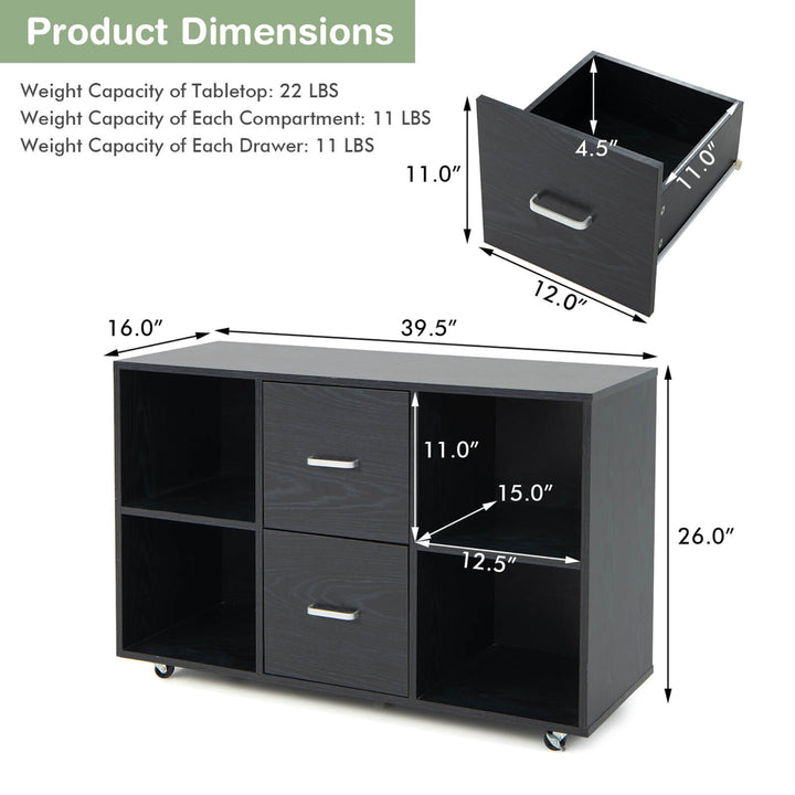 Rolling Wood File Cabinet w/ 2 Large Drawers and 4 Open Compartments Office Black Image 2