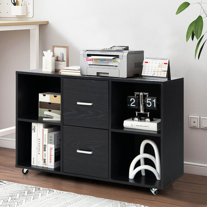 Rolling Wood File Cabinet w/ 2 Large Drawers and 4 Open Compartments Office Black Image 5