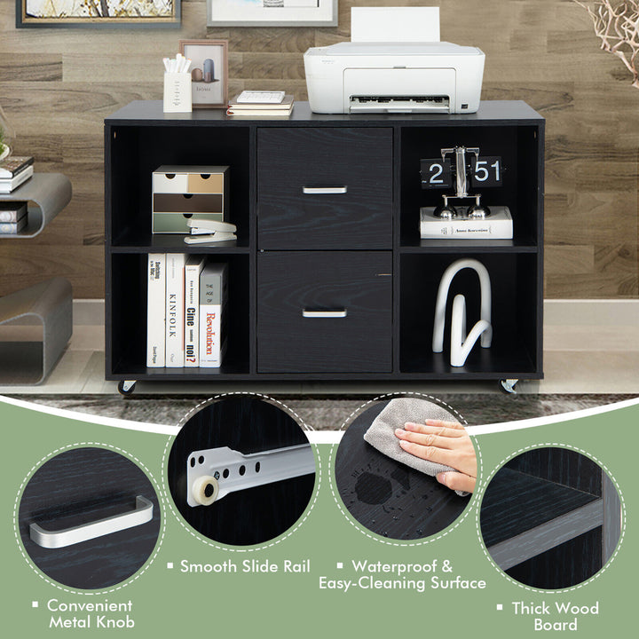 Rolling Wood File Cabinet w/ 2 Large Drawers and 4 Open Compartments Office Black Image 9