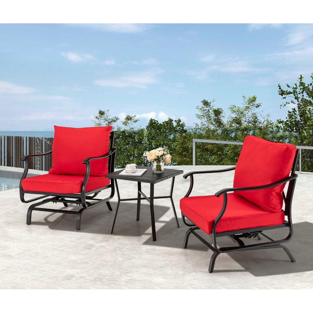 3PCS Outdoor Rocking Chair Set Patio Conversation Bistro Set w/ Red Cushions Image 9