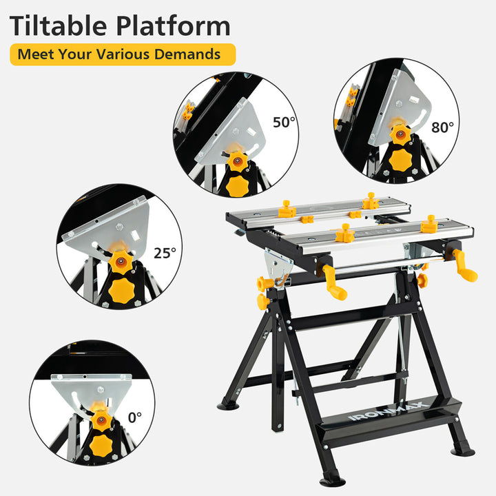 Folding Work Table Portable Workbench w/ Adjustable Height and Tiltable Platform Image 6