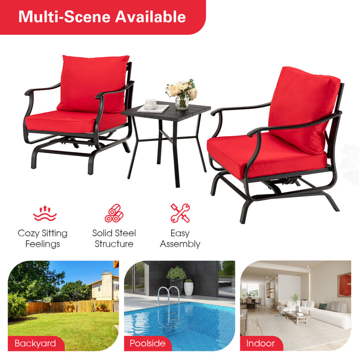 3PCS Outdoor Rocking Chair Set Patio Conversation Bistro Set w/ Red Cushions Image 8