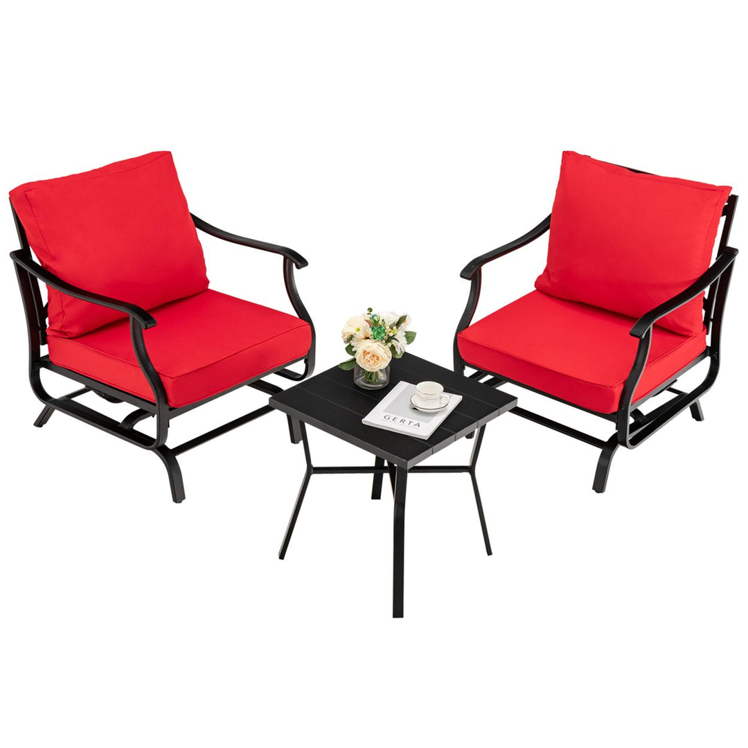 3PCS Outdoor Rocking Chair Set Patio Conversation Bistro Set w/ Red Cushions Image 2