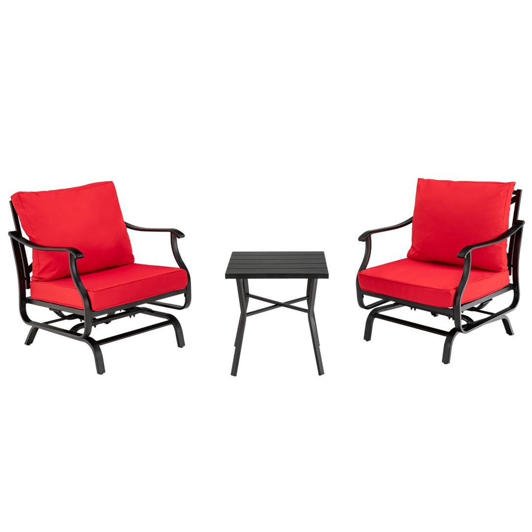 3PCS Outdoor Rocking Chair Set Patio Conversation Bistro Set w/ Red Cushions Image 10