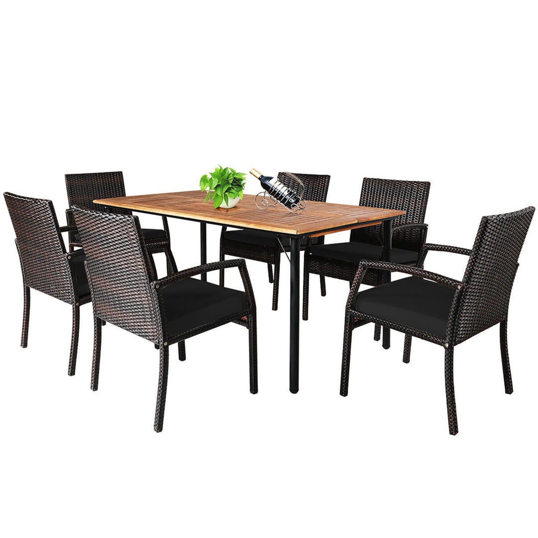 7PCS Patio Dining Furniture Set Yard w/ Wooden Tabletop Black Cushions Image 1