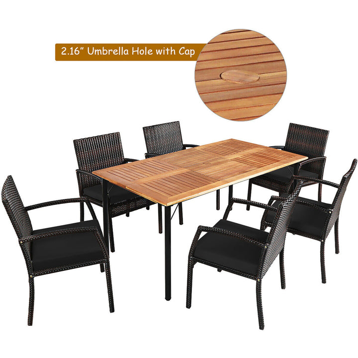 7PCS Patio Dining Furniture Set Yard w/ Wooden Tabletop Black Cushions Image 5