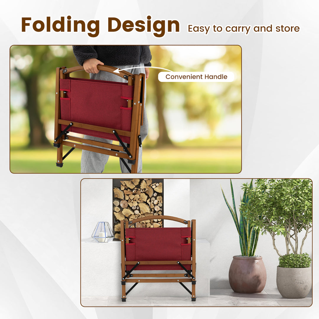 2PCS Patio Portable Camping Chair Folding Compact Beach Chair Solid Bamboo Frame Image 8