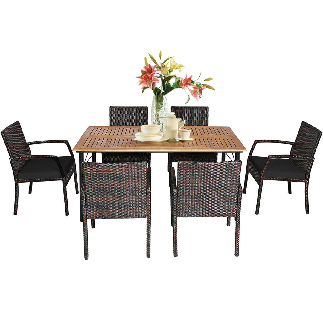 7PCS Patio Dining Furniture Set Yard w/ Wooden Tabletop Black Cushions Image 6