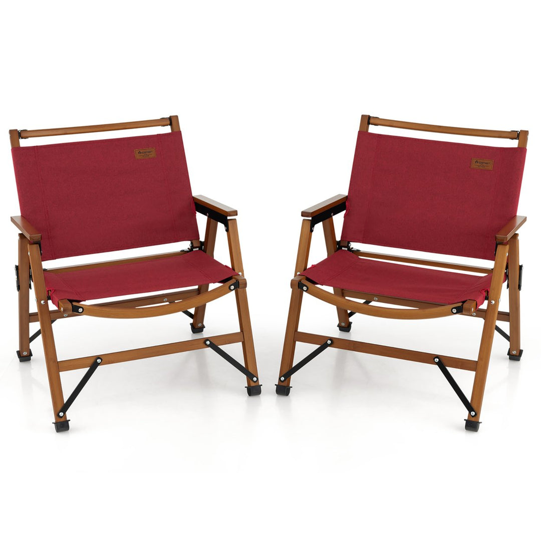 2PCS Patio Portable Camping Chair Folding Compact Beach Chair Solid Bamboo Frame Image 10