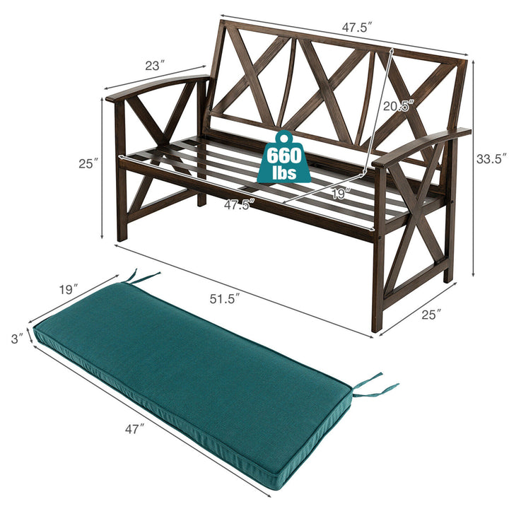 51.5 Outdoor Garden Bench Cushioned Patio Chair with Wood Grain Steel Frame Image 2