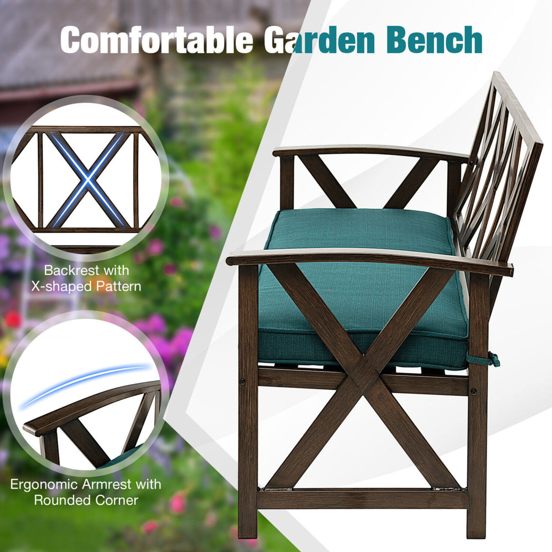 51.5 Outdoor Garden Bench Cushioned Patio Chair with Wood Grain Steel Frame Image 5