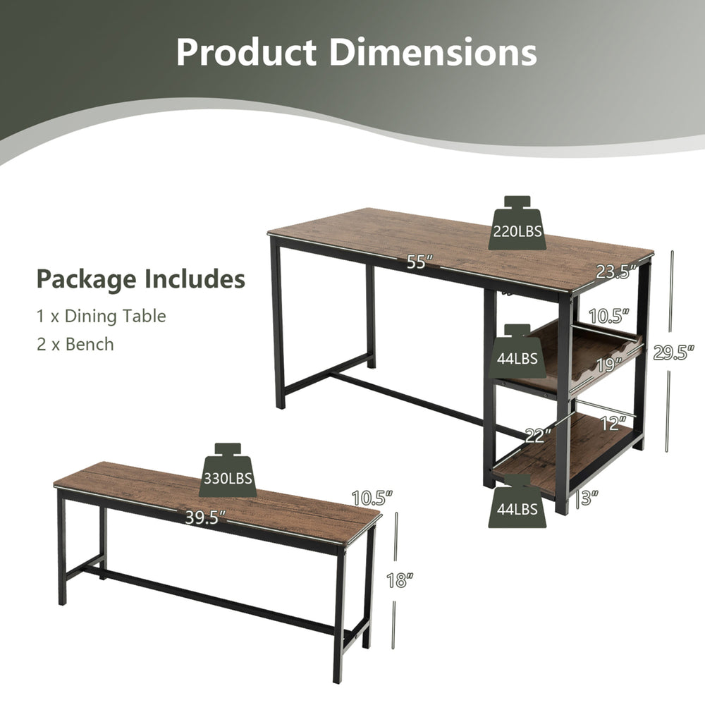 3PCS Rustic Kitchen Dining Set Includes Storage Rack w/ Rectangular Table and 2 Benches Image 2