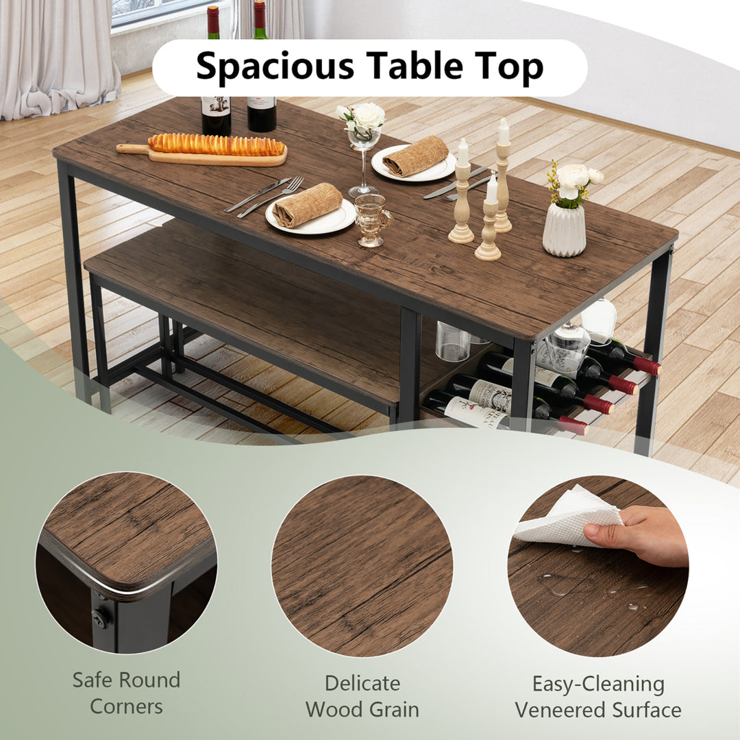 3PCS Rustic Kitchen Dining Set Includes Storage Rack w/ Rectangular Table and 2 Benches Image 5