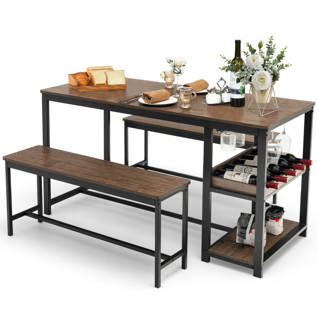 3PCS Rustic Kitchen Dining Set Includes Storage Rack w/ Rectangular Table and 2 Benches Image 10