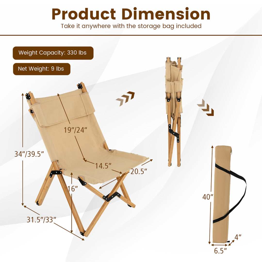 Outdoor Adjustable Backrest Chair Folding Camping Chair Bamboo w/ Carrying Bag Image 3