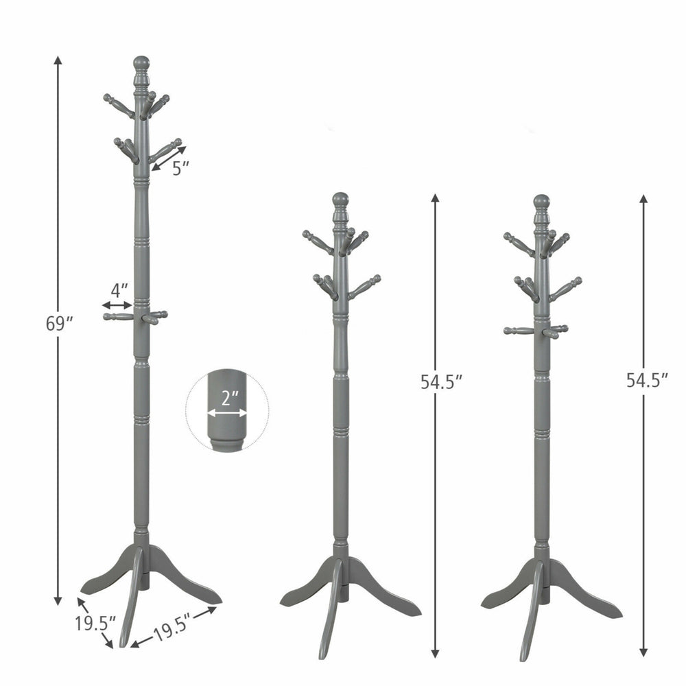 Wooden Coat Rack Hanger Hall Tree Entryway w/ 9 Hooks 2 Heights Grey Image 2