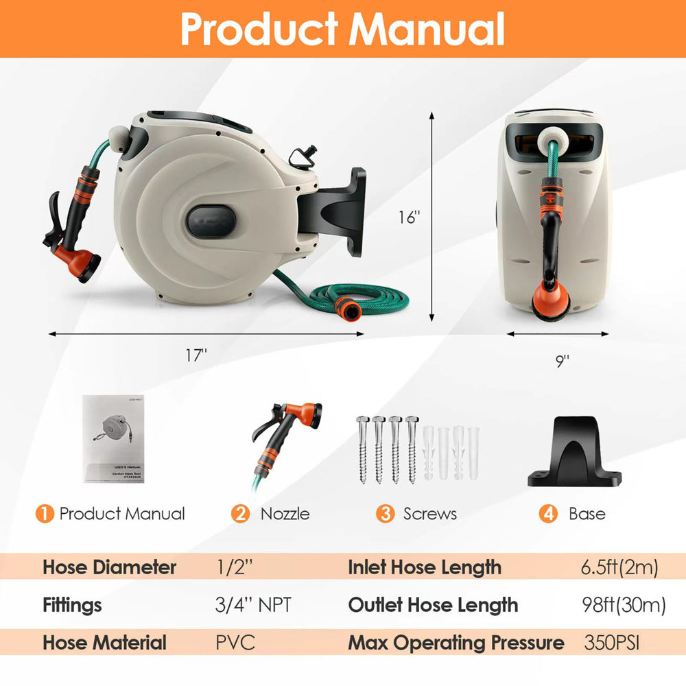 Retractable Hose Reel Wall Mounted 1/2 98ft Any Length Lock w/Hose Nozzle Image 2