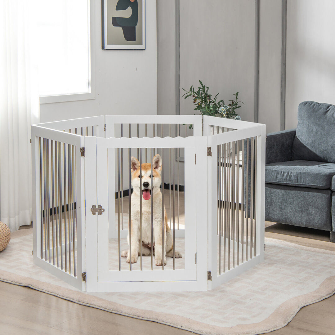 6-Panel Freestanding Dog Gate Foldable Walk-Through Playpen w/ 4 Support Feet Image 2