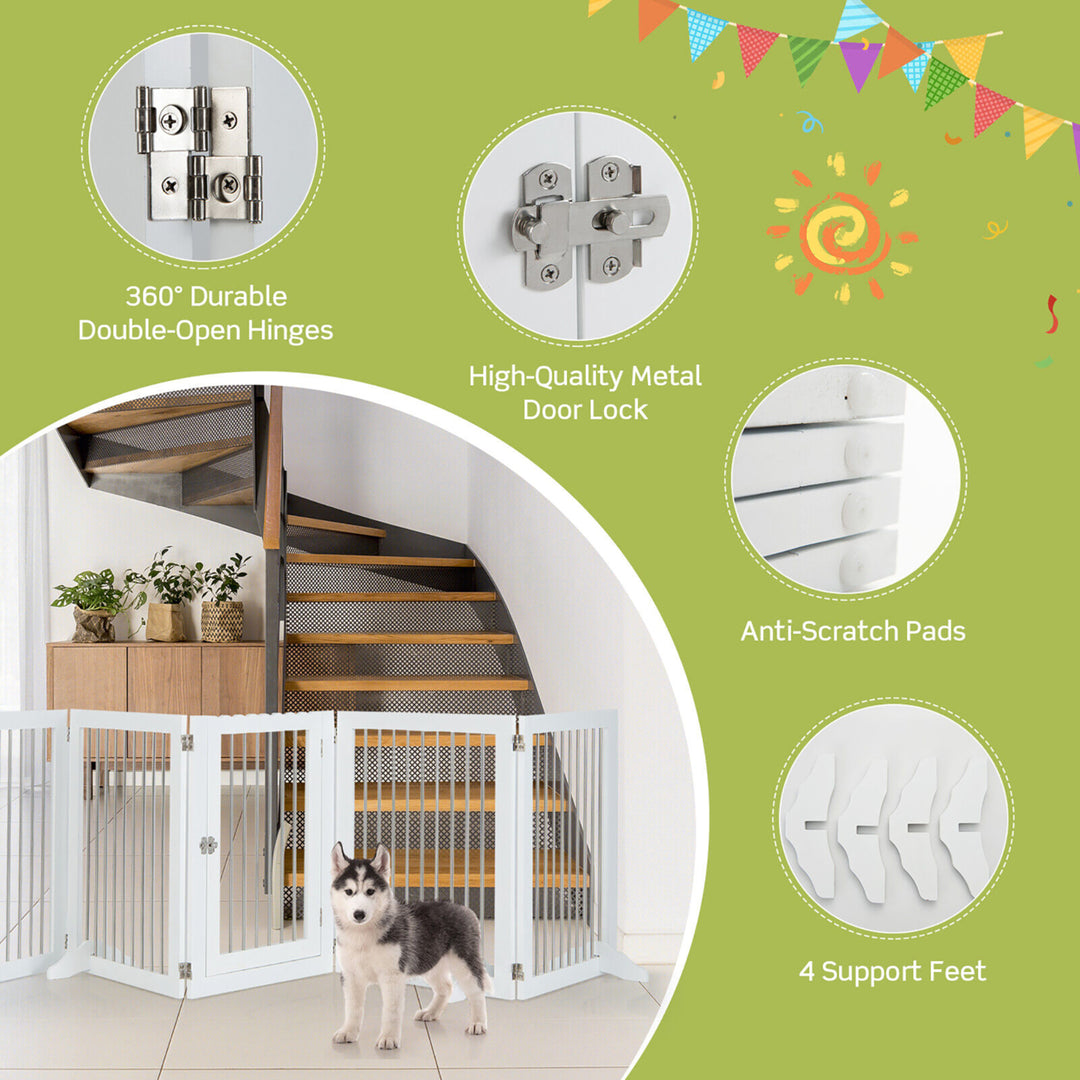 6-Panel Freestanding Dog Gate Foldable Walk-Through Playpen w/ 4 Support Feet Image 8