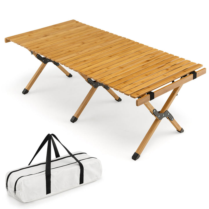 Portable Folding Bamboo Camping Table w/ Carry Bag Outdoor and Indoor Image 1