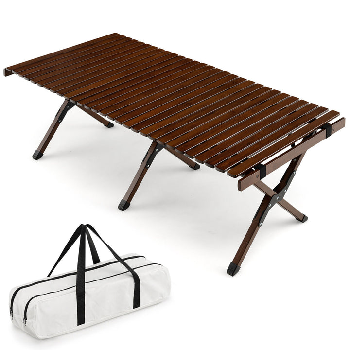 Portable Folding Bamboo Camping Table w/ Carry Bag Outdoor and Indoor Image 4