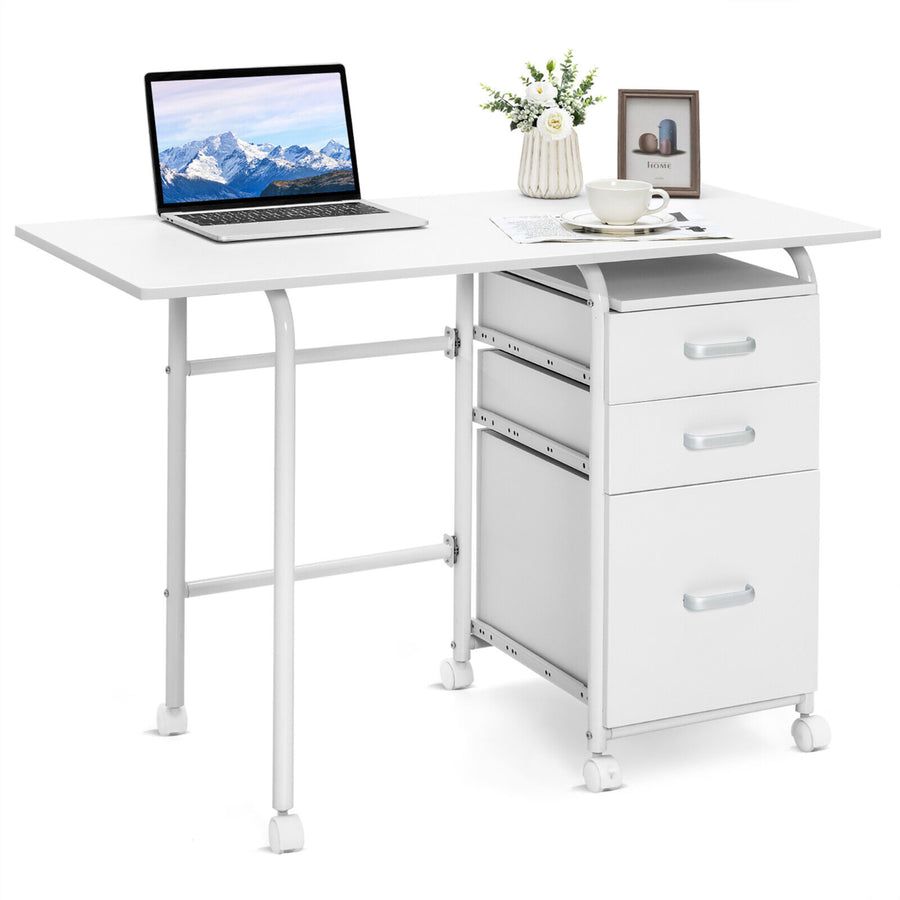 Folding Computer Laptop Desk Wheeled Home Office Furniture w/3 Drawers White Image 1