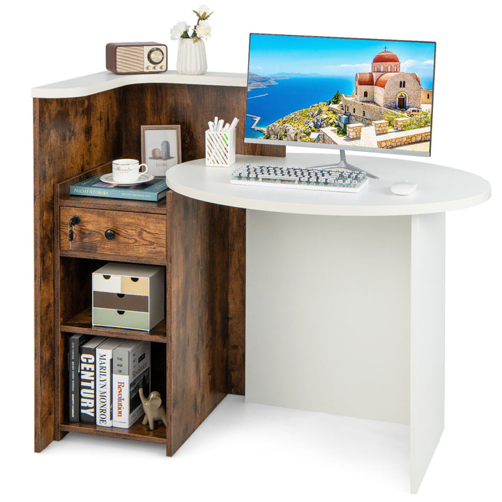 Front Reception Counter Desk Checkout Office Desk w/ Open Shelf and Lockable Drawer Image 1