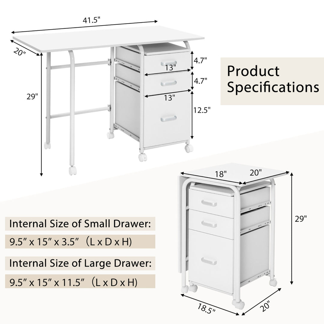 Folding Computer Laptop Desk Wheeled Home Office Furniture w/3 Drawers White Image 2