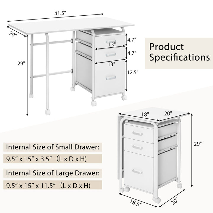 Folding Computer Laptop Desk Wheeled Home Office Furniture w/3 Drawers White Image 2