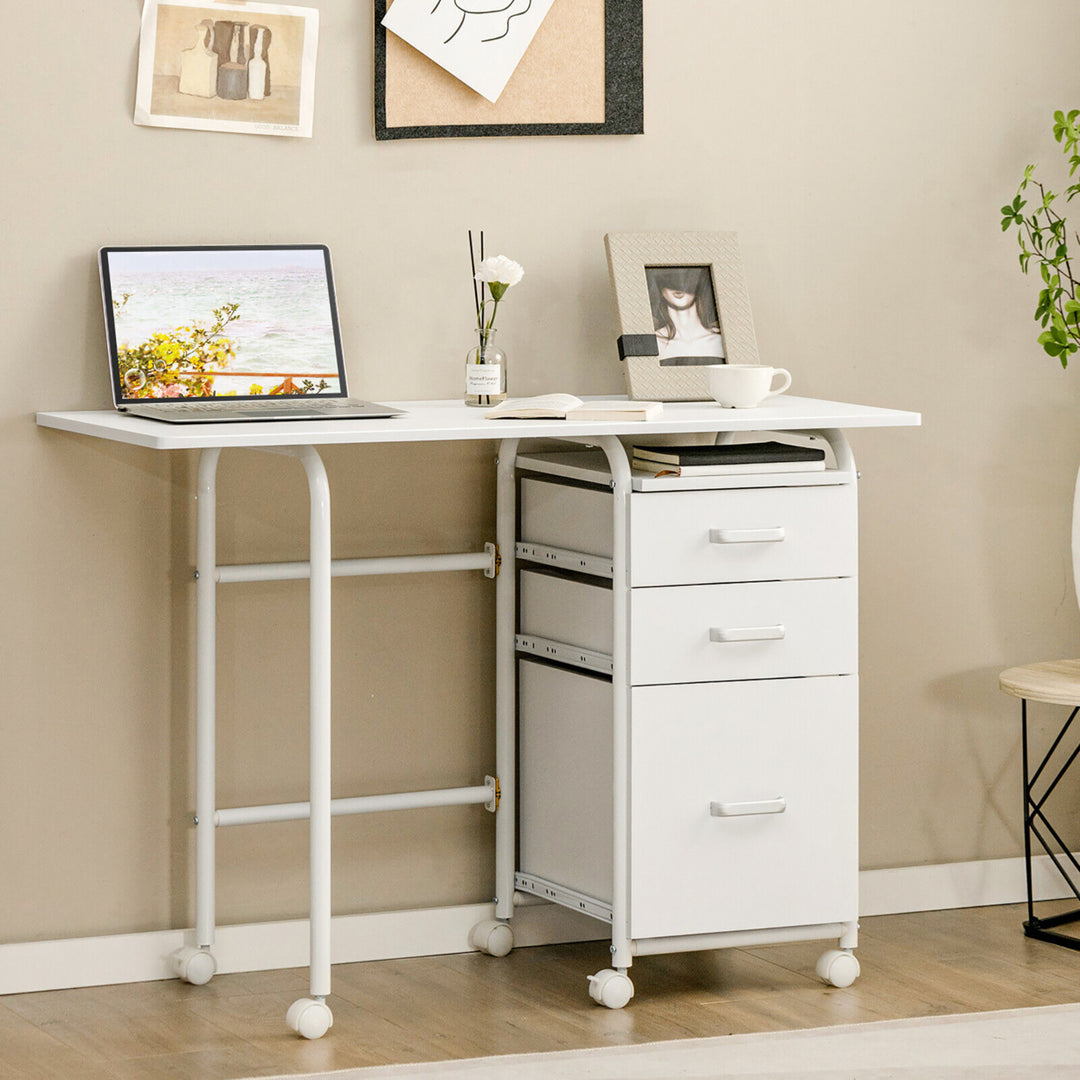 Folding Computer Laptop Desk Wheeled Home Office Furniture w/3 Drawers White Image 3