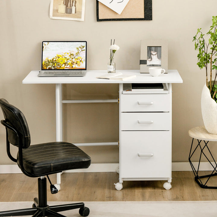 Folding Computer Laptop Desk Wheeled Home Office Furniture w/3 Drawers White Image 4