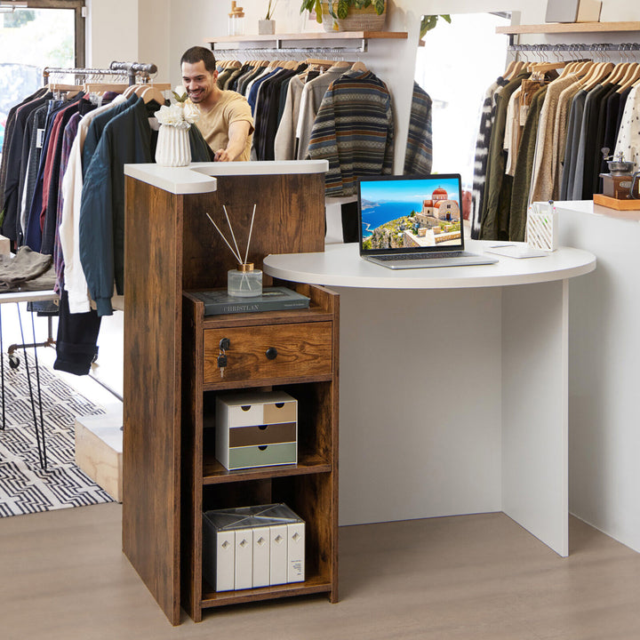 Front Reception Counter Desk Checkout Office Desk w/ Open Shelf and Lockable Drawer Image 3