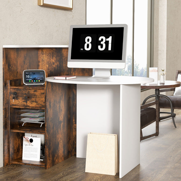 Front Reception Counter Desk Checkout Office Desk w/ Open Shelf and Lockable Drawer Image 4