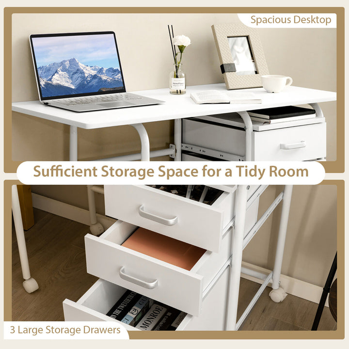 Folding Computer Laptop Desk Wheeled Home Office Furniture w/3 Drawers White Image 7