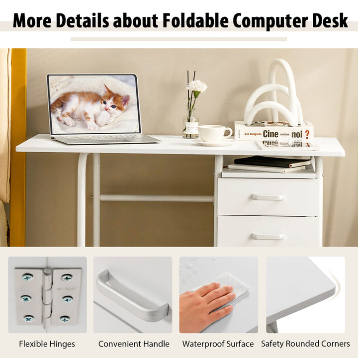 Folding Computer Laptop Desk Wheeled Home Office Furniture w/3 Drawers White Image 9