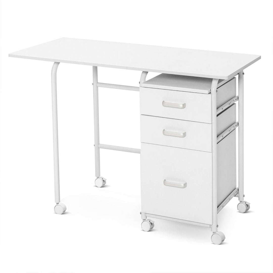 Folding Computer Laptop Desk Wheeled Home Office Furniture w/3 Drawers White Image 10