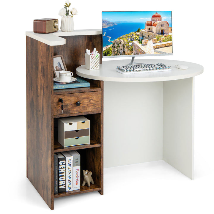 Front Reception Counter Desk Checkout Office Desk w/ Open Shelf and Lockable Drawer Image 10