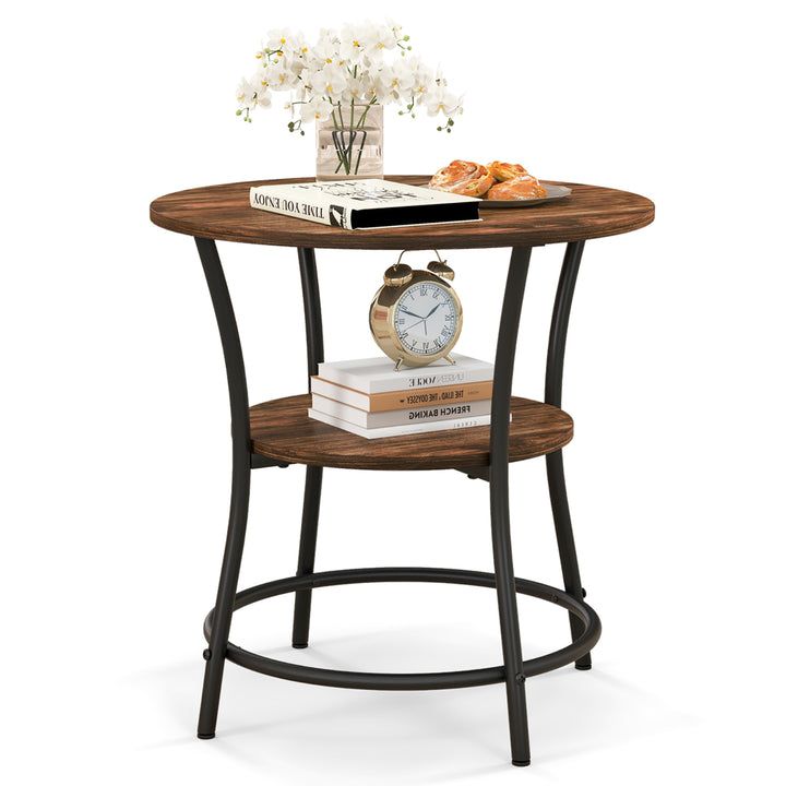 2-Tier Side Table Compact Round Metal Frame Coffee Table w/ Open Shelf Image 4