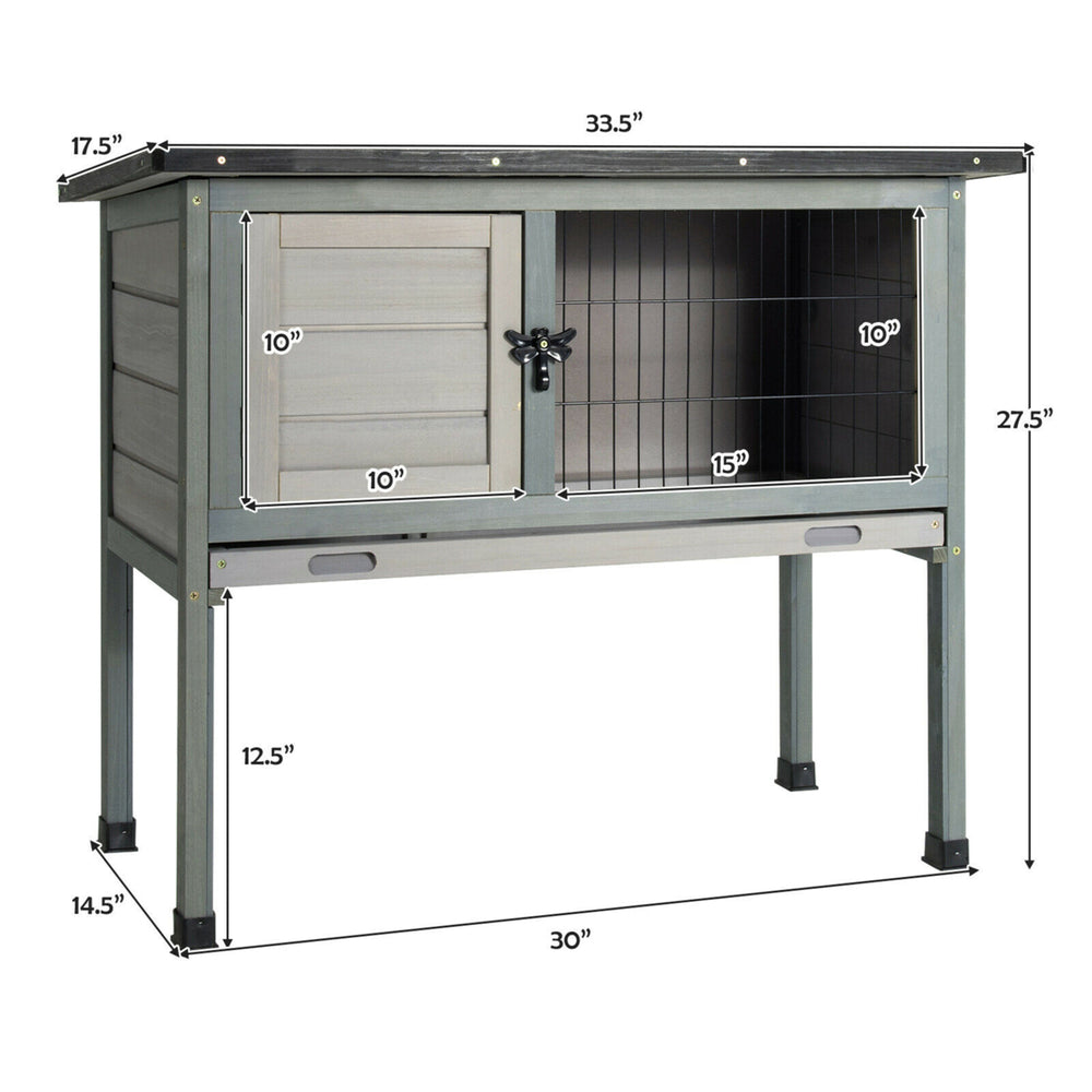 Small Elevated Rabbit Hutch Bunny Cage w/ Hinged Asphalt Roof and Removable Tray Image 2