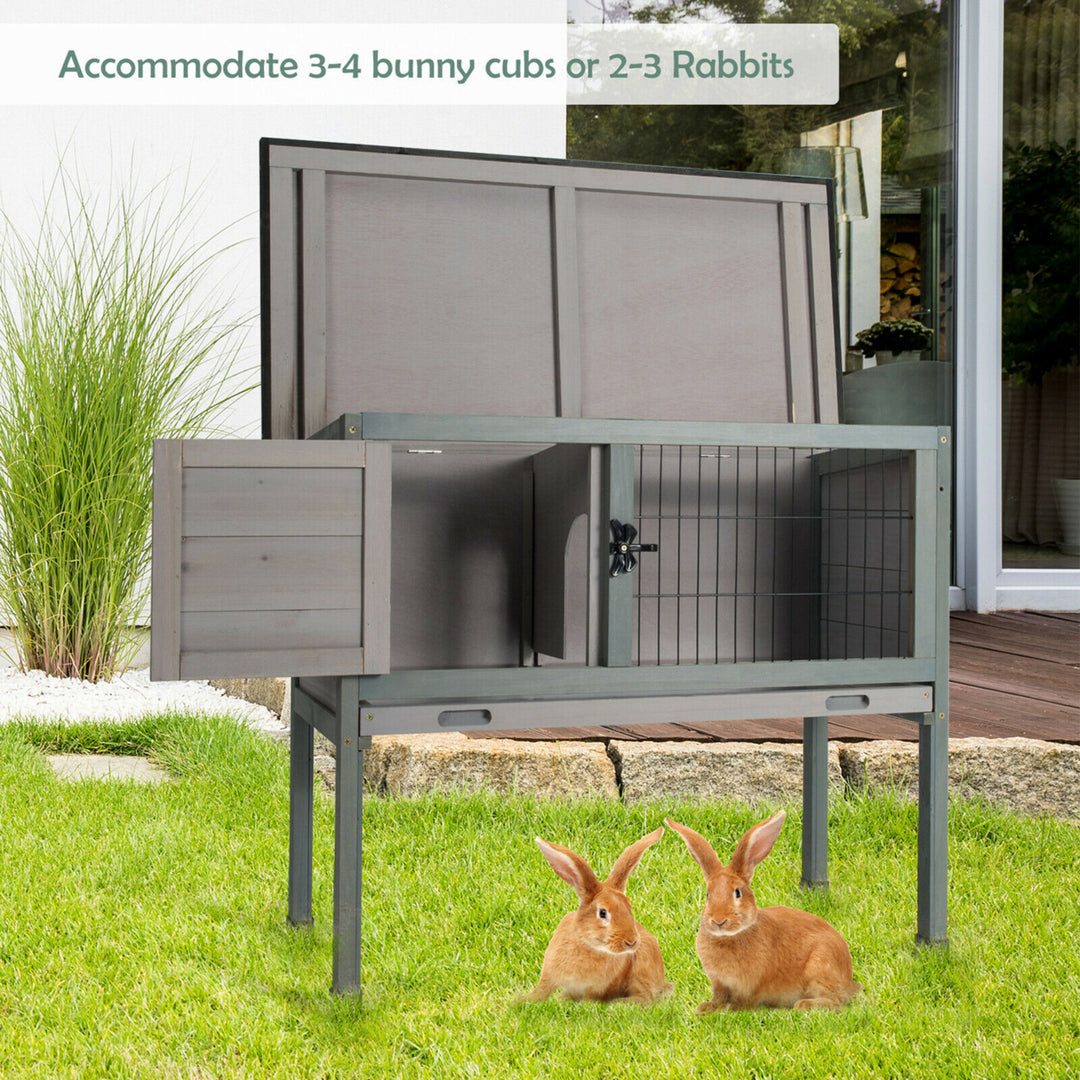 Small Elevated Rabbit Hutch Bunny Cage w/ Hinged Asphalt Roof and Removable Tray Image 3