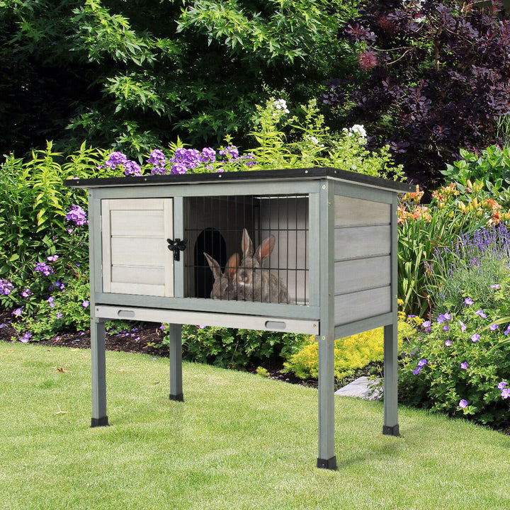 Small Elevated Rabbit Hutch Bunny Cage w/ Hinged Asphalt Roof and Removable Tray Image 4