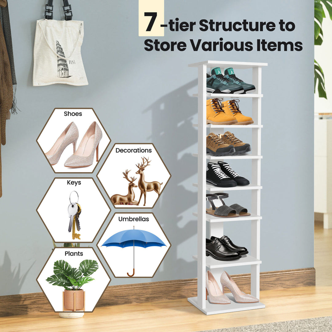 7-Tier Wooden Shoe Rack Narrow Vertical Shoe Stand Storage Display Shelf White Image 5