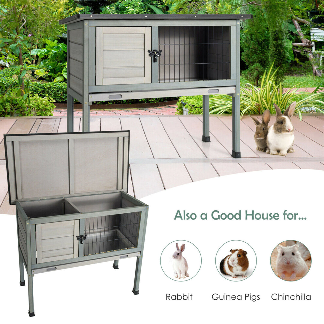 Small Elevated Rabbit Hutch Bunny Cage w/ Hinged Asphalt Roof and Removable Tray Image 6