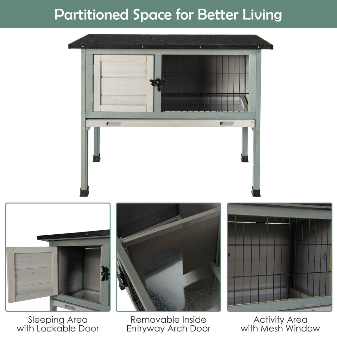 Small Elevated Rabbit Hutch Bunny Cage w/ Hinged Asphalt Roof and Removable Tray Image 7