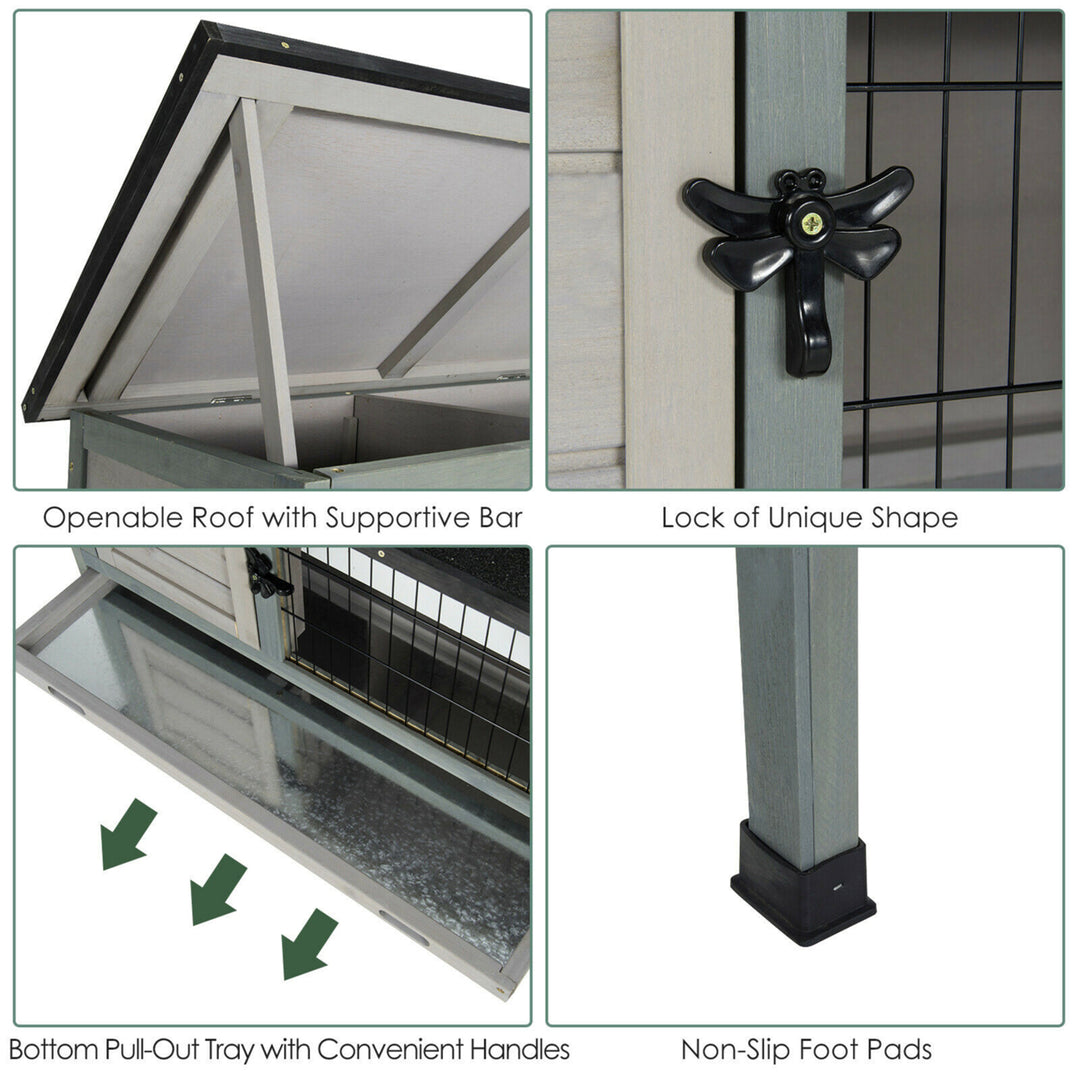 Small Elevated Rabbit Hutch Bunny Cage w/ Hinged Asphalt Roof and Removable Tray Image 8