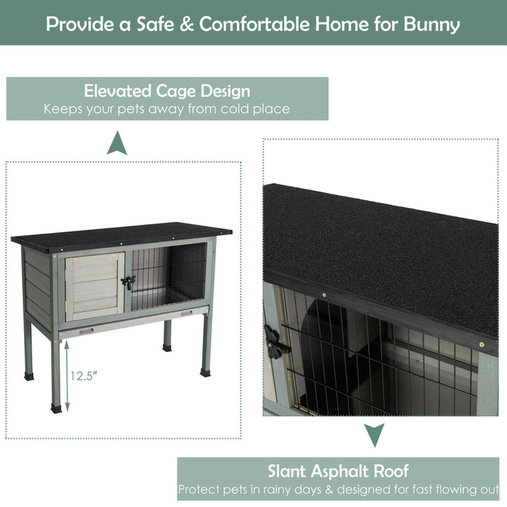 Small Elevated Rabbit Hutch Bunny Cage w/ Hinged Asphalt Roof and Removable Tray Image 9