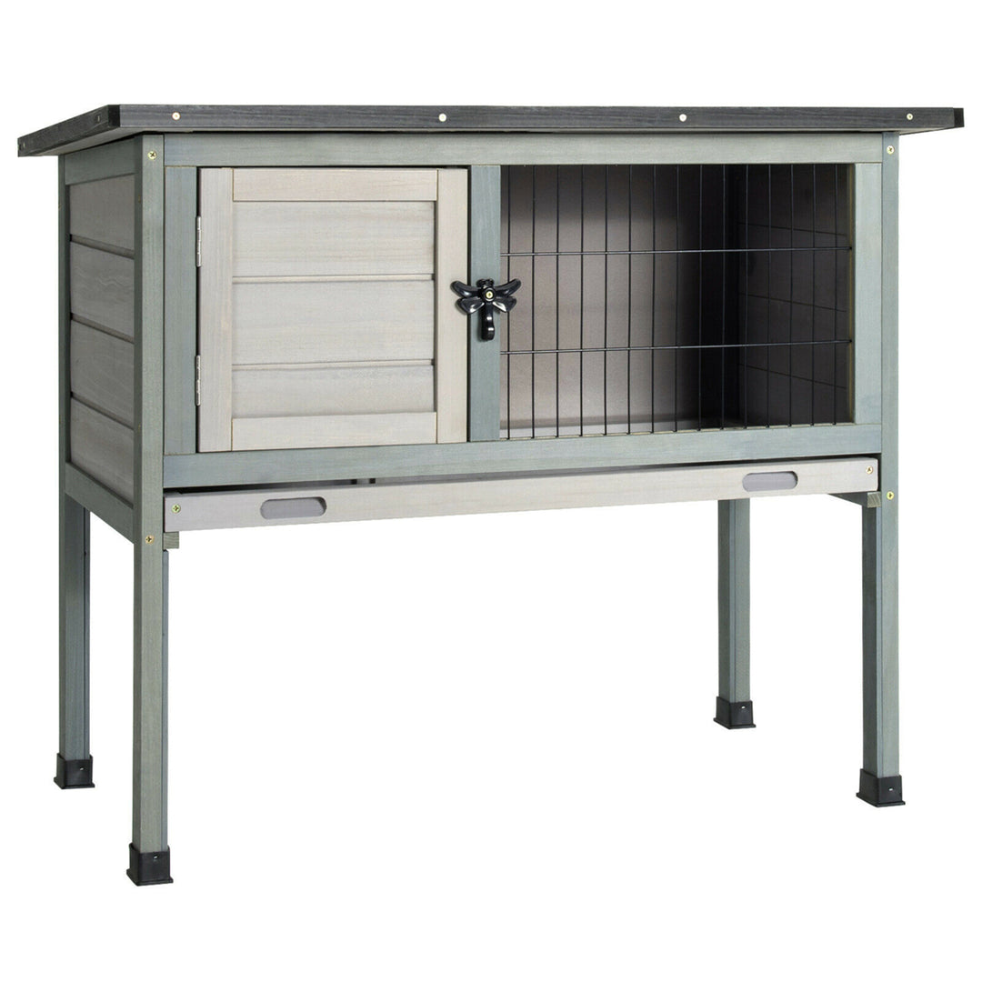 Small Elevated Rabbit Hutch Bunny Cage w/ Hinged Asphalt Roof and Removable Tray Image 10