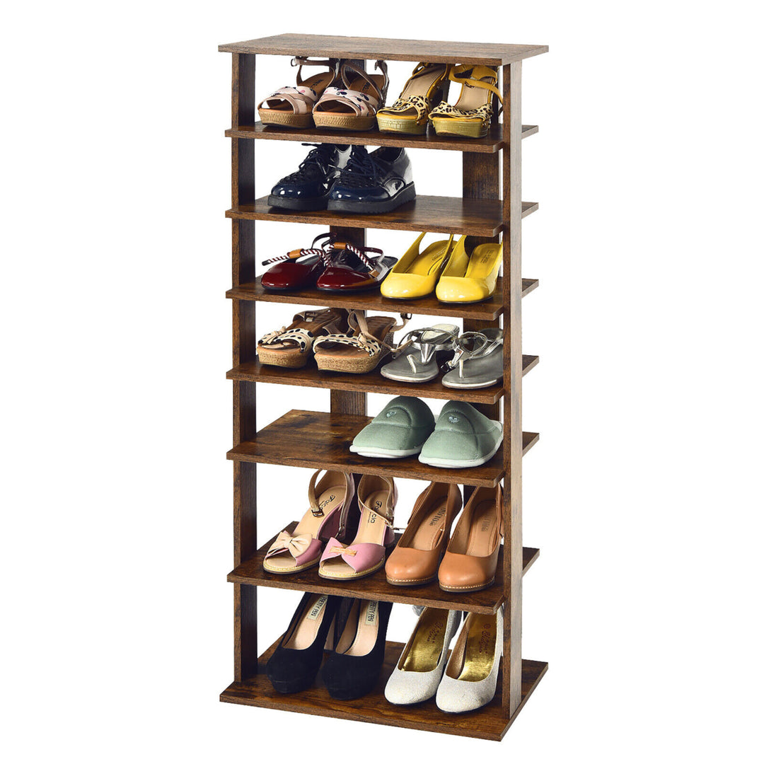 Patented 7-Tier Double Shoe Rack Free Standing Shelf Storage Tower Rustic Brown Image 1